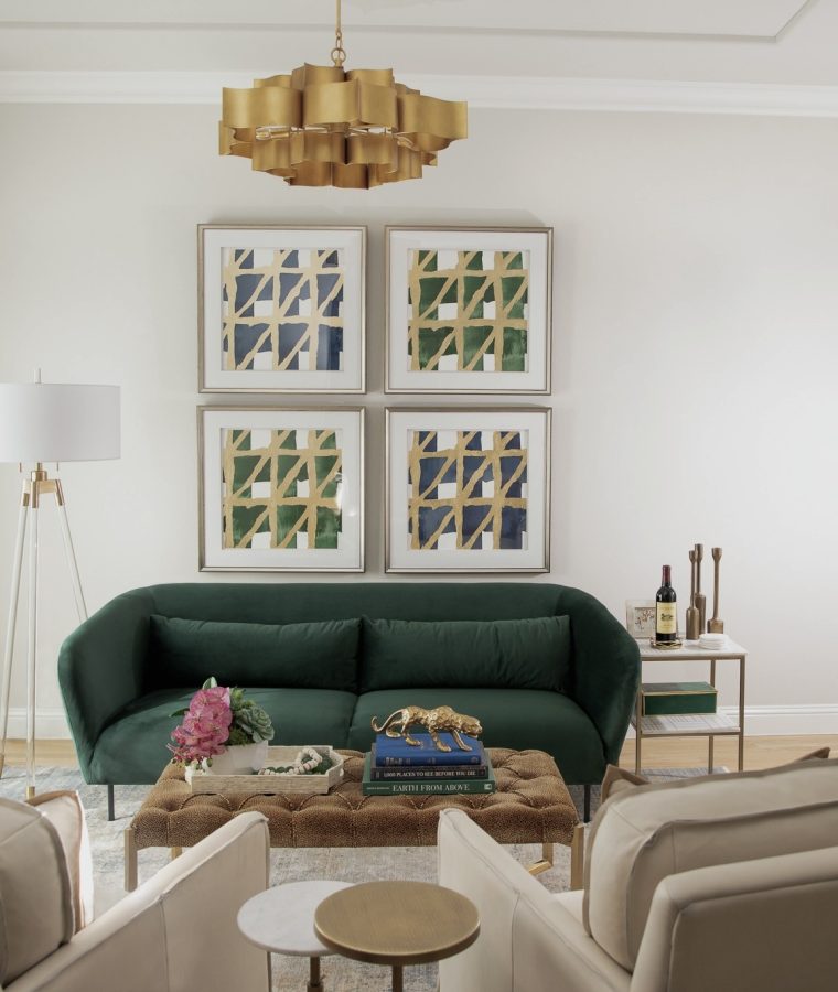 Modern art in complementary colors provides a stunning visual addition to a cozy living room.
