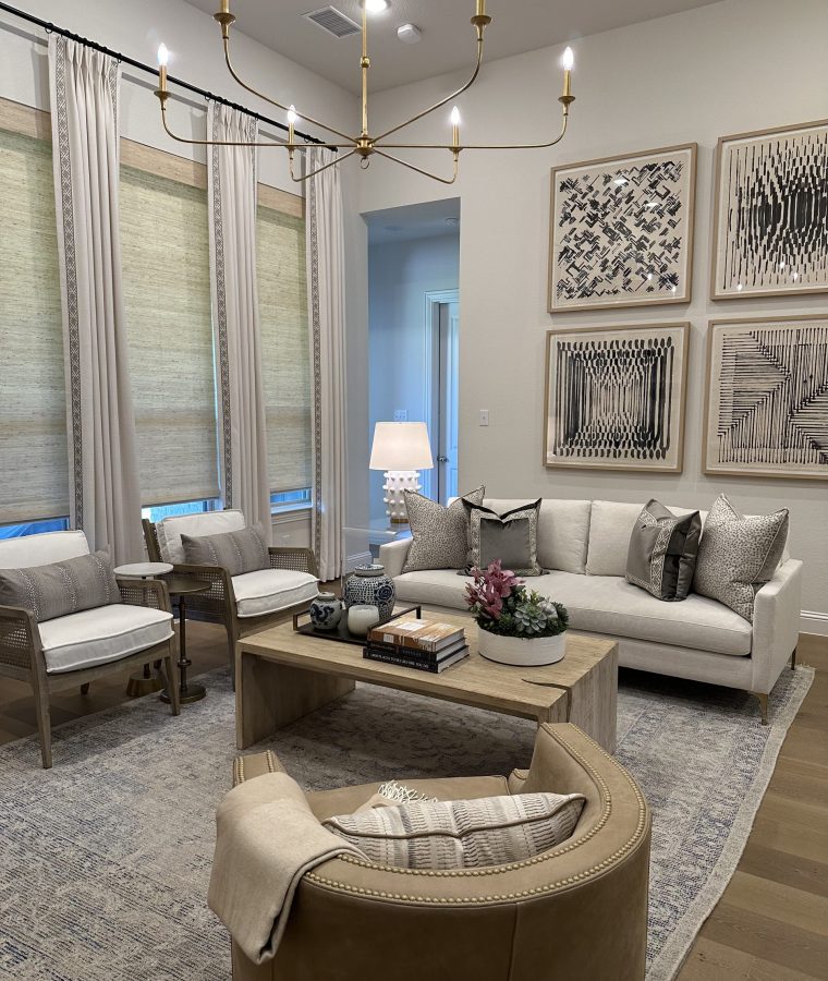 Beautiful custom draperies complement the sophisticated modern interior of a newly built home.